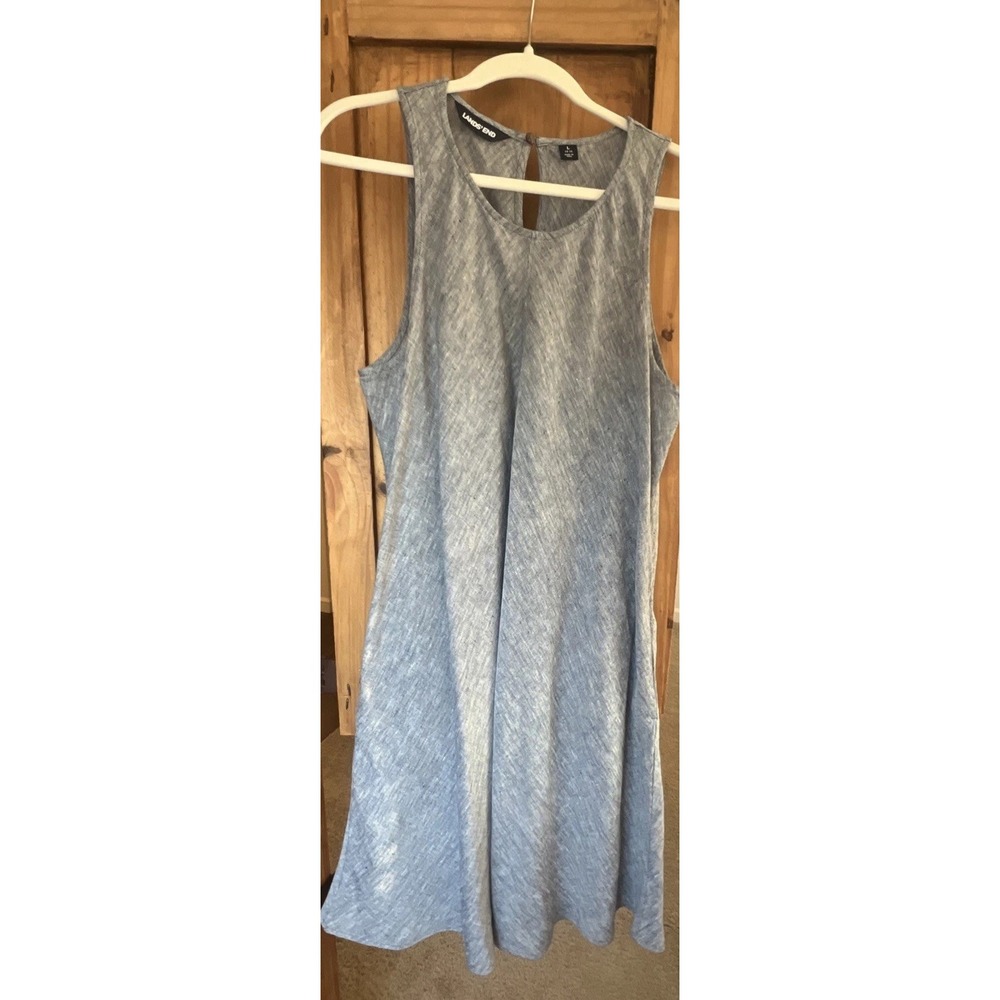 Lands' End Women's Sleeveless A-Line 100% Linen Navy Blue Dress